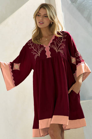 Oddi - Plus Embroidered Plunge V Neck Mini Dress: Burgundy Combo / 2XL