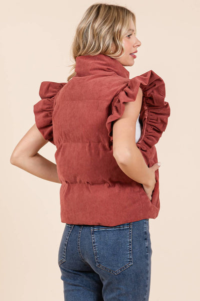 GeeGee Clothing - Corduroy Ruffled Sleeve Puffer Vest, MJ50697: Cream / M
