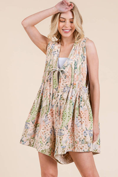 GeeGee Clothing - Plus Floral Eyelet Lace Pleated Romper, OR51432PL: Green Multi / 1XL