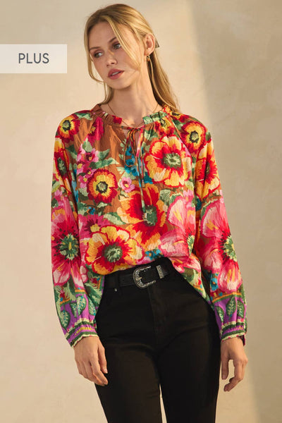 Oddi - Plus Floral Border Printed Blouse: Navy Multi / XL