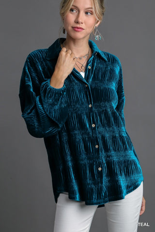 Teal Smocked Velvet Button Down