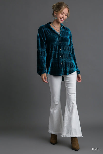 Teal Smocked Velvet Button Down