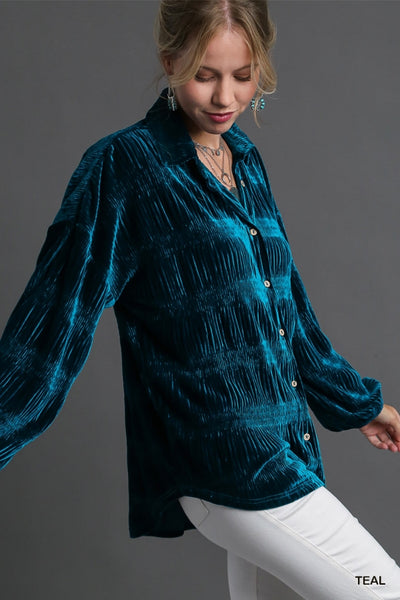 Teal Smocked Velvet Button Down