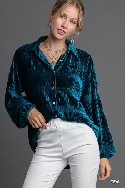 Teal Smocked Velvet Button Down