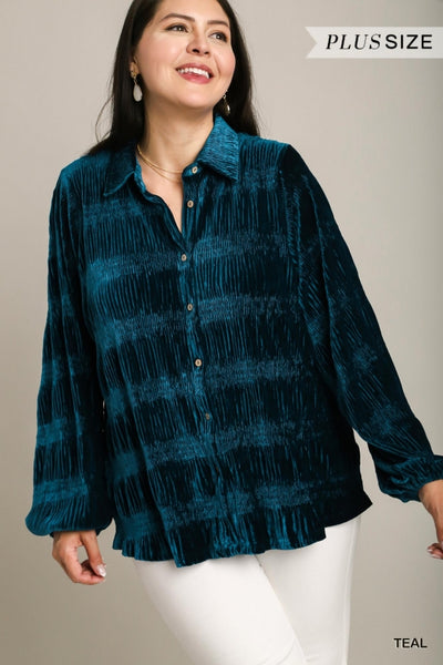 Teal Smocked Velvet Button Down