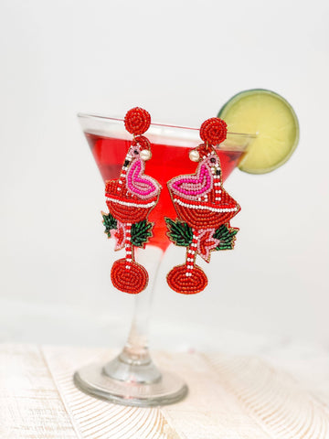 Flamingo Holiday Martini Beaded Dangle Earrings