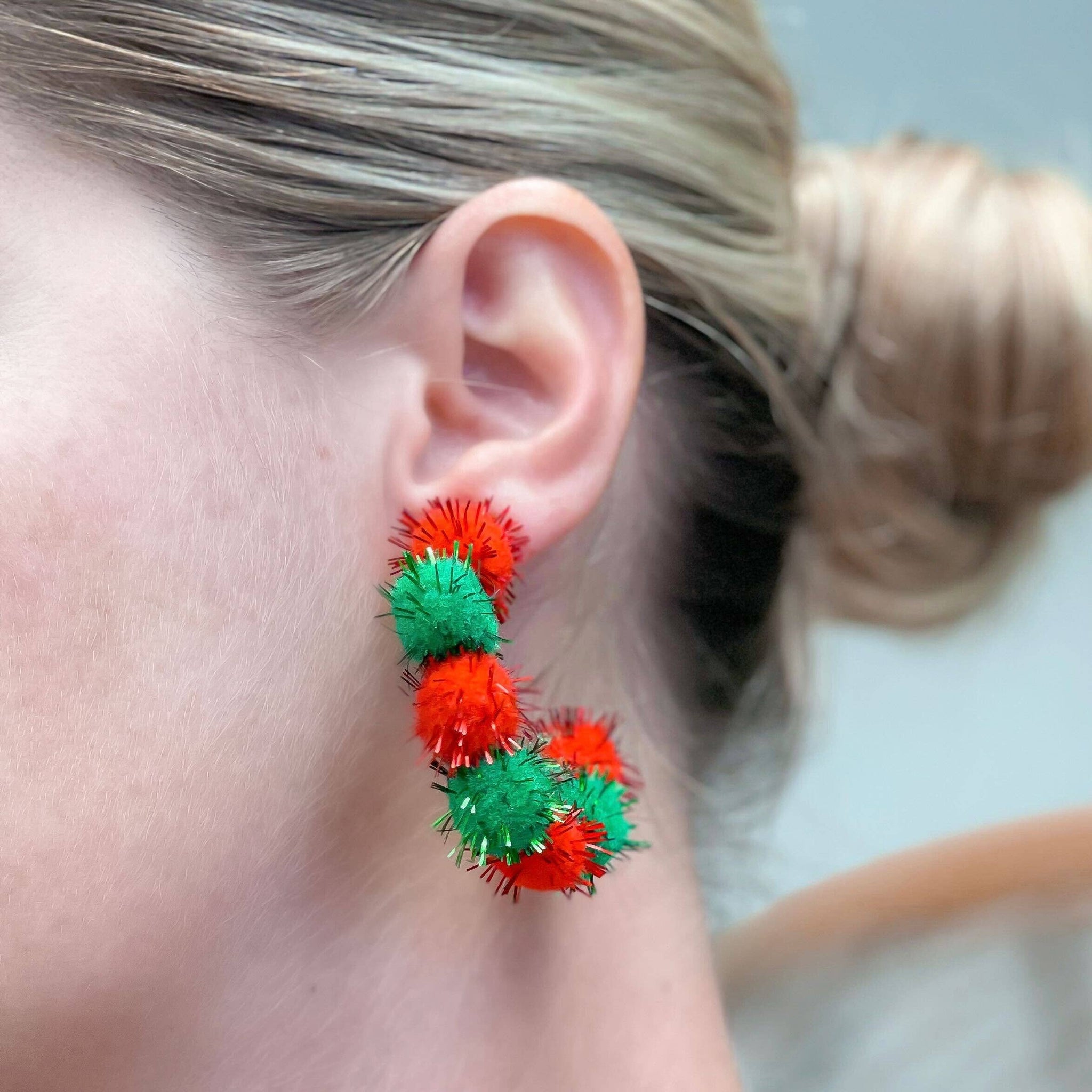 Christmas Metallic Pom Pom Hoop Earrings