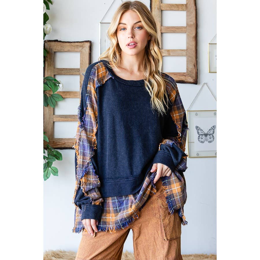Oli&Hali - WASHED LONG SLEEVE TOP WITH PLAID DETAIL