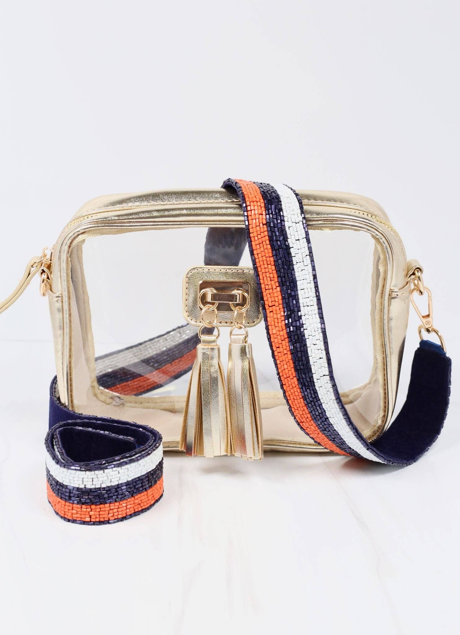 Caroline Hill - Referee Stripe Beaded Crossbody Strap NAVY ORANGE