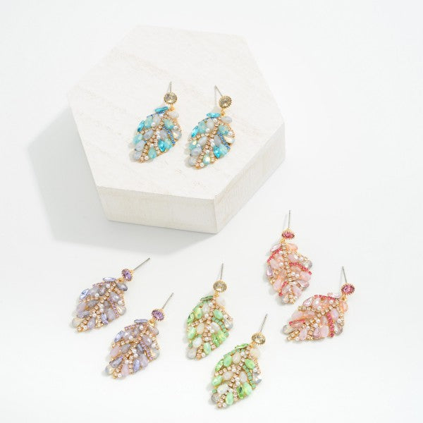 Rhinestone & Beaded Leaf Drop Earrings