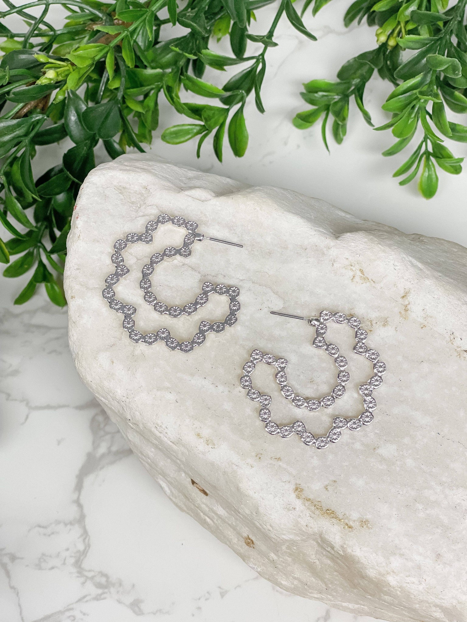 Prep Obsessed Wholesale - Flower Detail Metallic Hoop Earrings