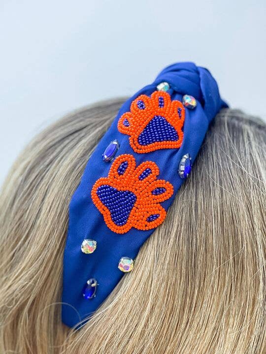 Prep Obsessed Wholesale - Paw Print Game Day Embellished Headband - Navy & Orange