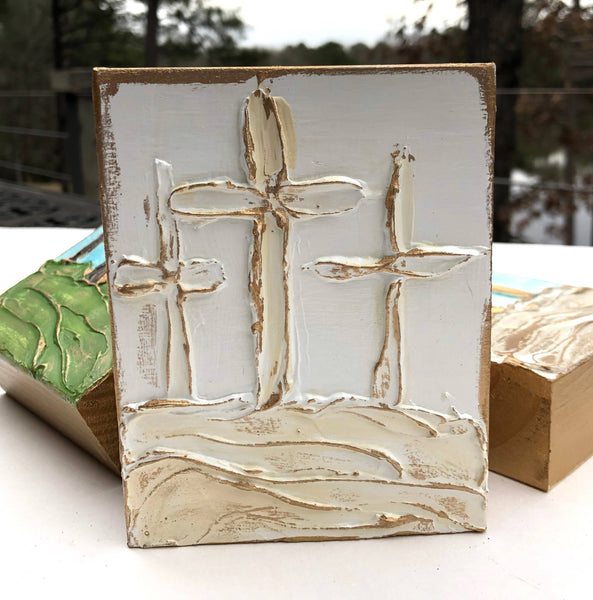 4x6 Easter "On Calvary" hand painted textured wood block: White