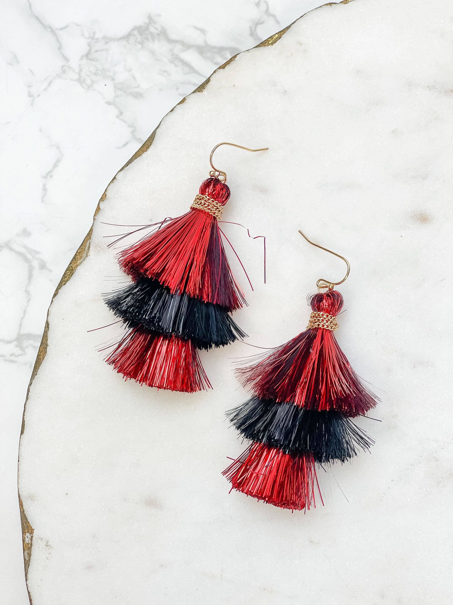 Prep Obsessed Wholesale - Tinsel Tiered Tassel Earrings - Red & Black