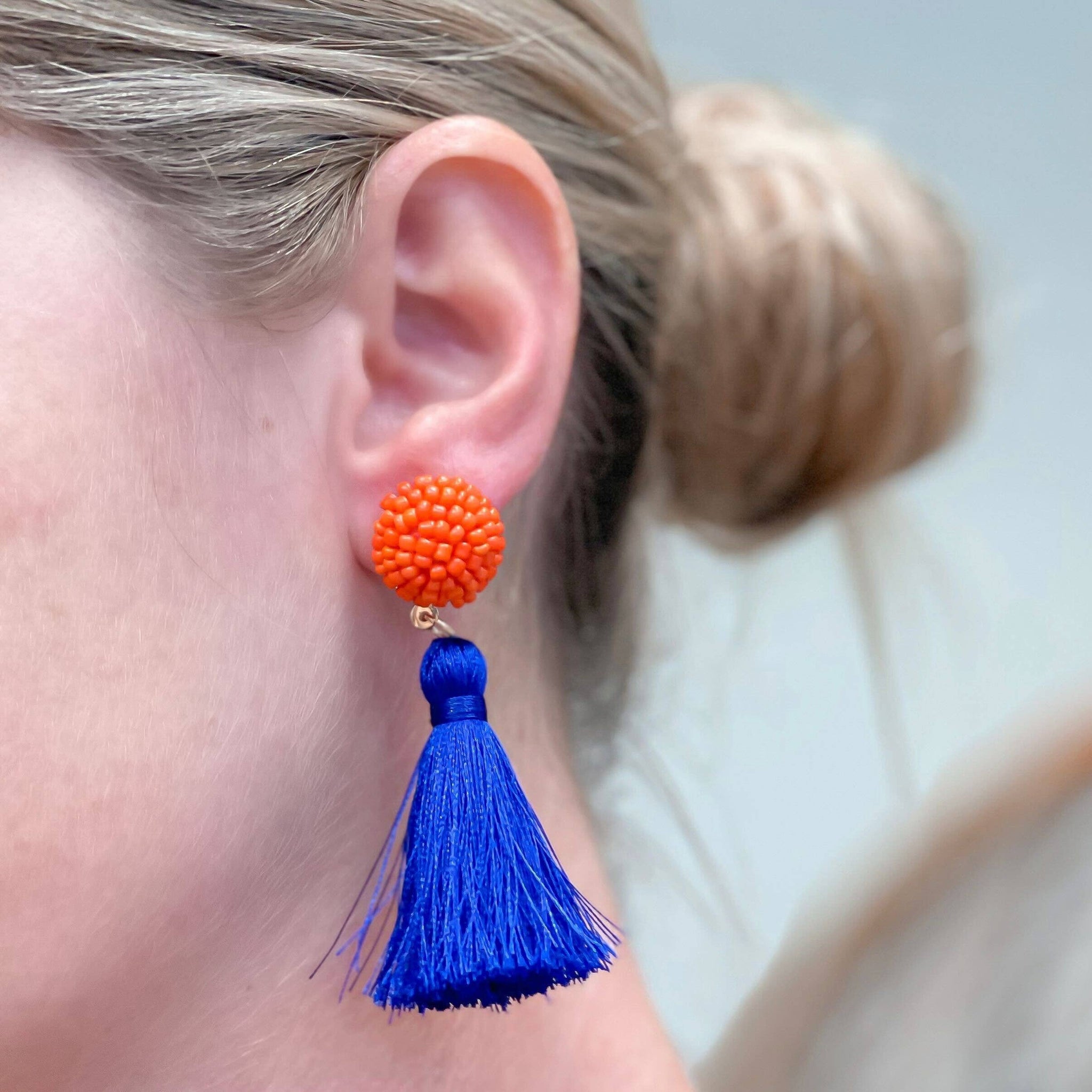 Prep Obsessed Wholesale - Game Day Bead & Tassel Dangle Earrings - Orange & Navy