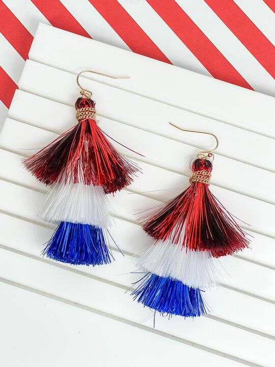 Prep Obsessed Wholesale - Patriotic Tinsel Tiered Tassel Earrings