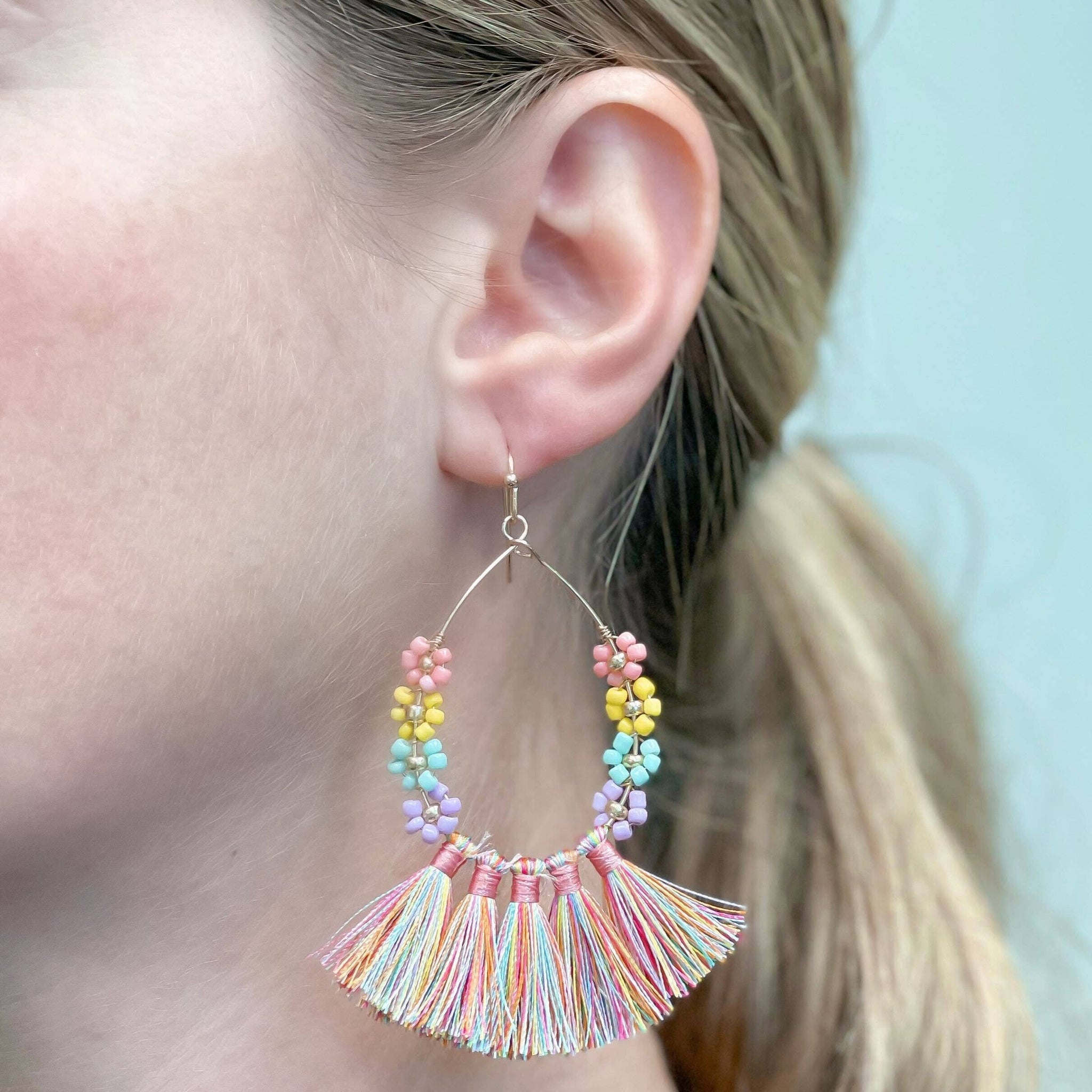 Pastel Spring Tassel & Bead Dangle Hoop Earrings