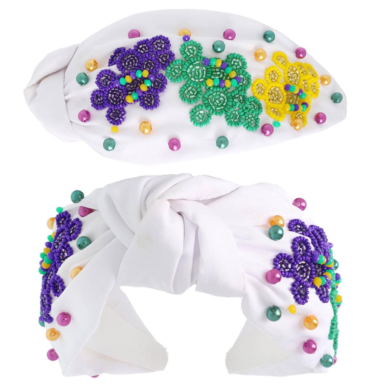 Mardi Gras Tricolor Beaded Knotted Headband: White