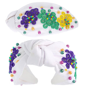 Mardi Gras Tricolor Beaded Knotted Headband: White