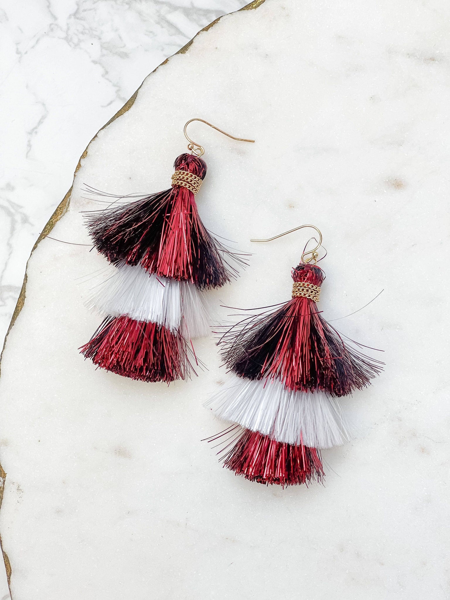 Prep Obsessed Wholesale - Tinsel Tiered Tassel Earrings - Burgundy & White