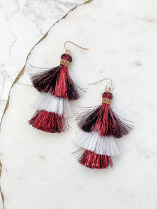 Prep Obsessed Wholesale - Tinsel Tiered Tassel Earrings - Burgundy & White