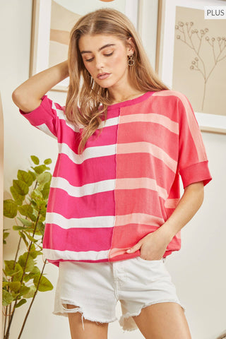 Pink Coral Colorblock Striped Sweater