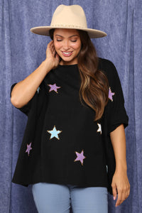 Fantastic Fawn - Star Patch Knit Top with a Round Neckline, Short Sleeves: L / BLACK