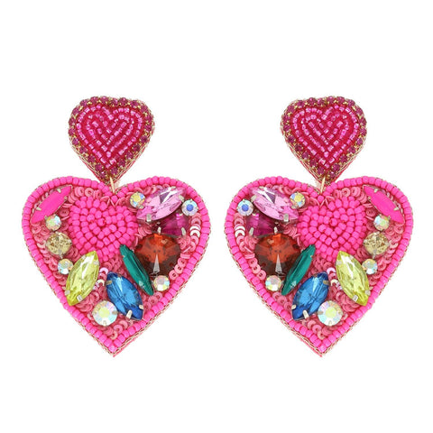 Gemstone Cluster Heart Shaped Valentine Earrings: Fuchsia