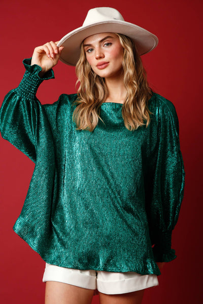 Fantastic Fawn Green Crinkle Foil Loose Fit Blouse