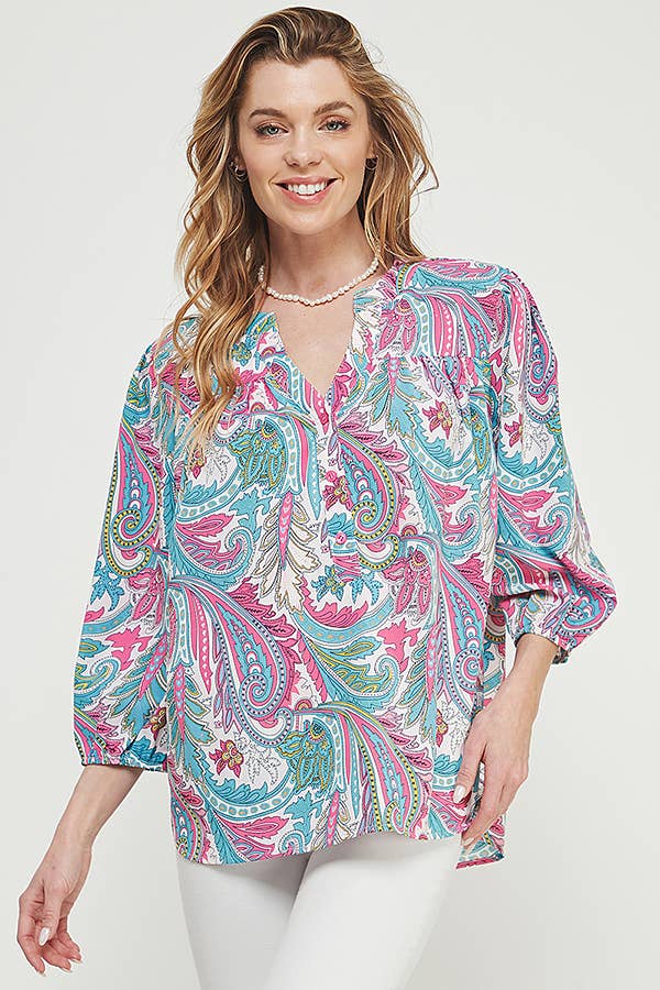 Paisley V Neck 3/4 Sleeve Top