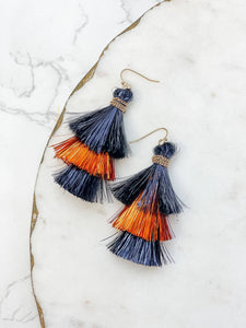 Prep Obsessed Wholesale - Tinsel Tiered Tassel Earrings - Navy & Orange